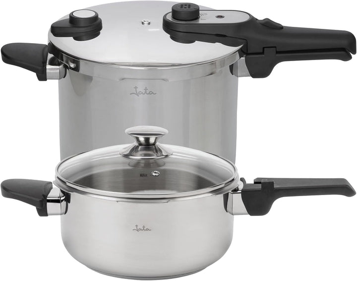JATA Home HOLL2547 Express-Schnellkochtopf, 4 l + 7 l, Edelstahl, SUS304, Induktion, 2 Druckstufen,