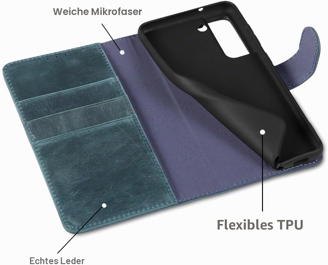 LENSUN Echtleder Hülle für Samsung Galaxy S21 FE 5G, Handyhülle Echt Leder [3 Kartenfächer][RFID Sch