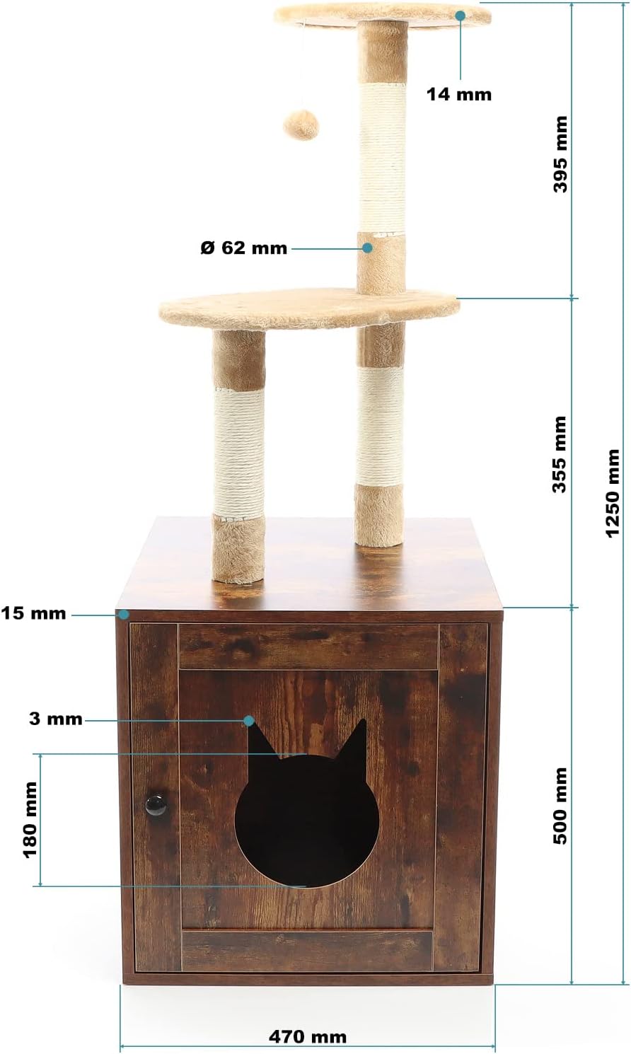 Fudajo Design Kratzbaum mit Box aus Holz vintagebraun multifunktional Kratzmöbel und Katzentoilette