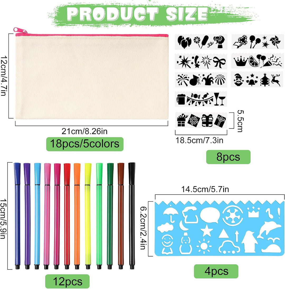 18 Stück DIY Stoff Federmäppchen, Leinwand Federmäppchen zum Bemalen, Mäppchen zum bemalen, 12 Bunts
