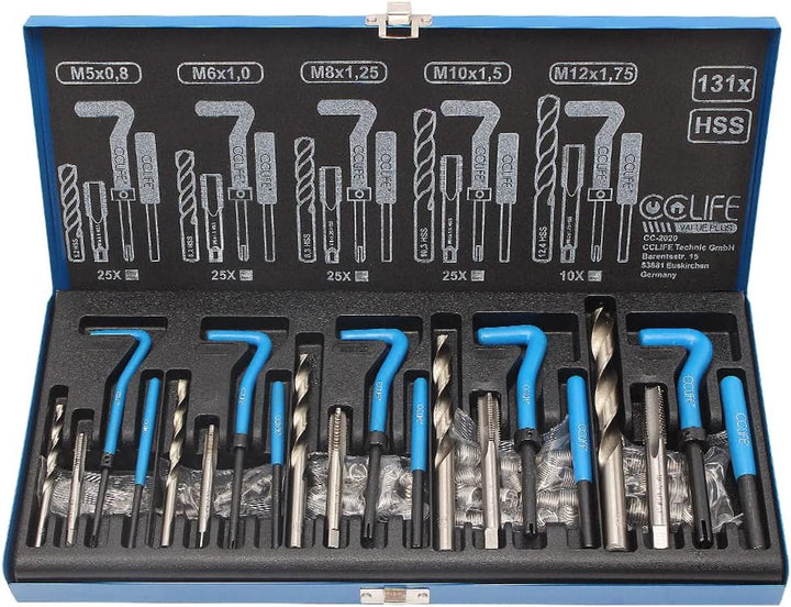 CCLIFE 131-tlg Gewindereparatur Gewinde Reparatur Satz mit M5 M6 M8 M10 M12 | Einsätze, Gewinderepar