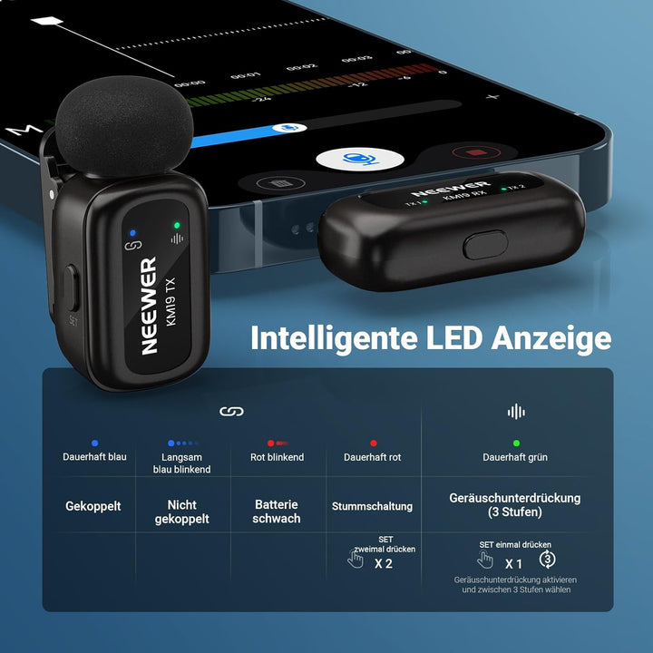 NEEWER KM19 drahtloses Lavalier Mikrofon, 48kHz/24 Bit, 30h Akkulaufzeit, 3 stufige Geräuschunterdrü