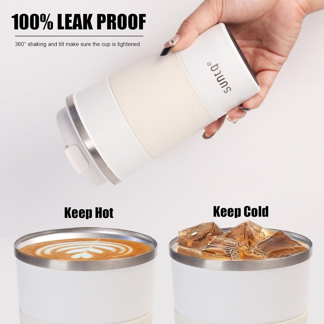 SUNTQ Kaffeebecher to go Thermo aus Edelstahl 380ml Thermobecher mit Gummierte Manschette Doppelwand