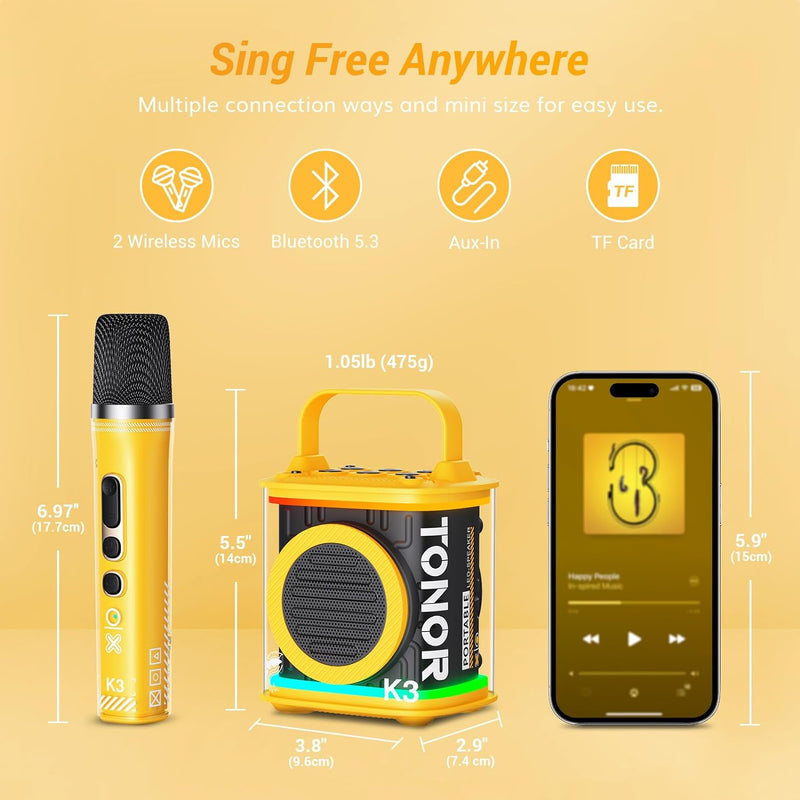 TONOR Mini-Karaoke-Maschine mit zwei kabellosen Mikrofonen, tragbarer Bluetooth-Karaoke-Lautsprecher