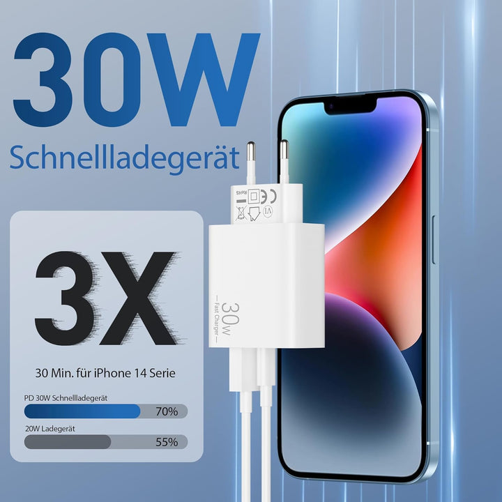 ARCCRA 30W 2-Port Schnellladegerät + 3M Lang Ladekabel für iPhone 14 13 12 11 Pro Max Plus, iPhone X