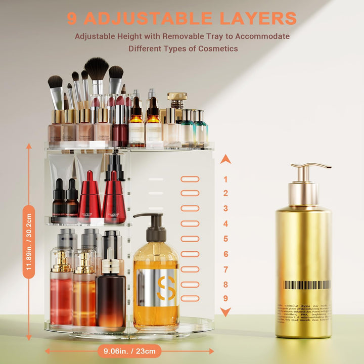 Auxmir Schminktisch Organizer mit 9 Einstellbaren Stufen, Make Up Organizer 360° Drehbar, Extra Grös