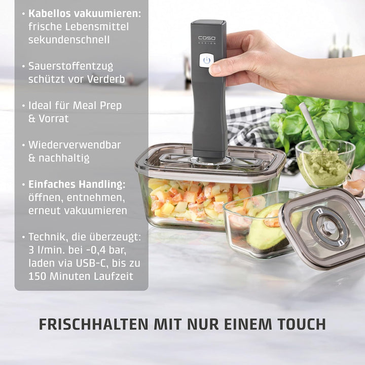 CASO Vacu OneTouch Eco-Set, Handvakuumierer inkl. 3 Vakuumbehälter aus Glas, 10 ZIP-Beutel und Food
