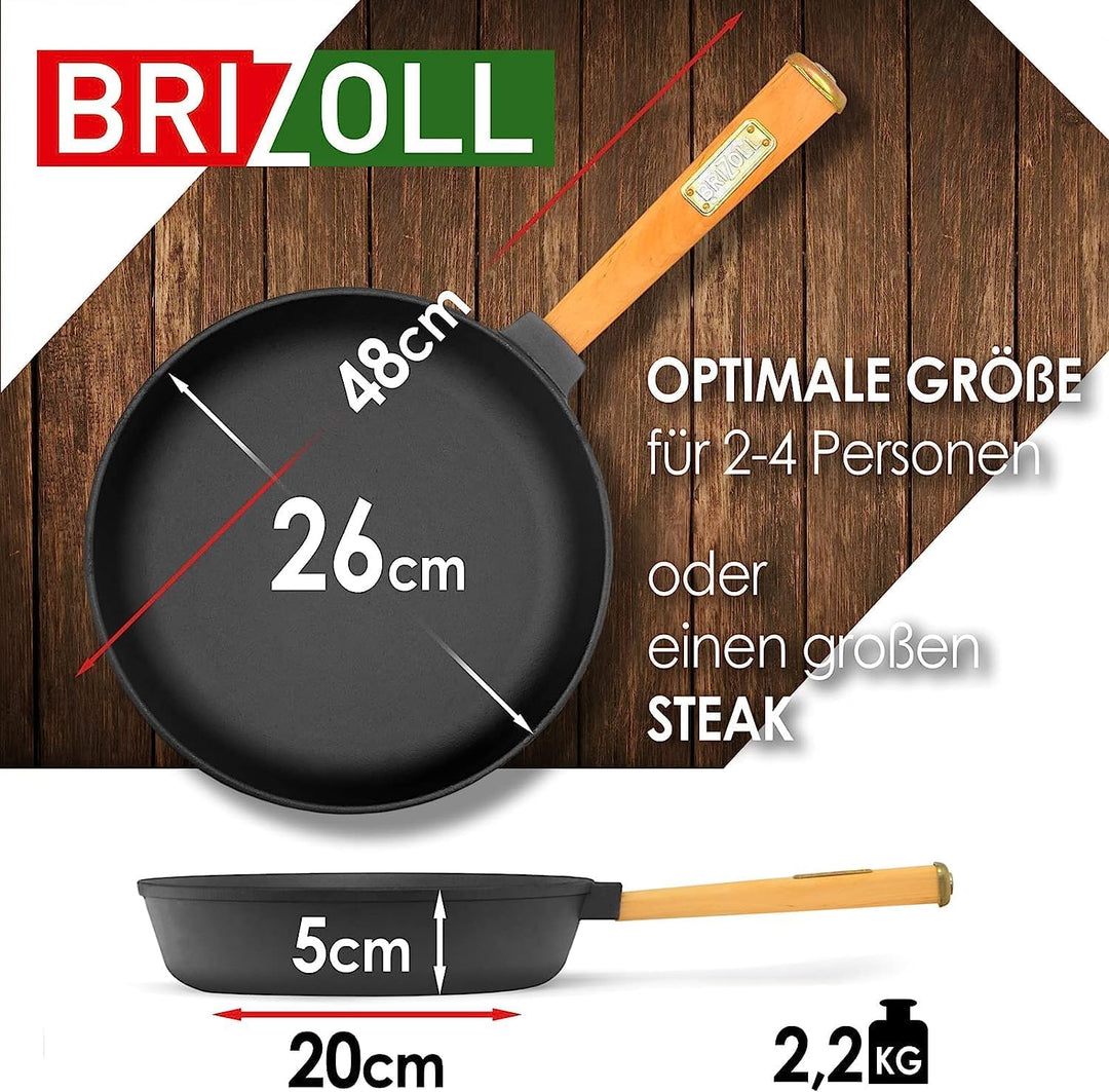 Gusseisenpfanne 26 cm Bratpfanne aus Gusseisen BRIZOLL mit Holzgriff und Pfannenwender von 4big.fun