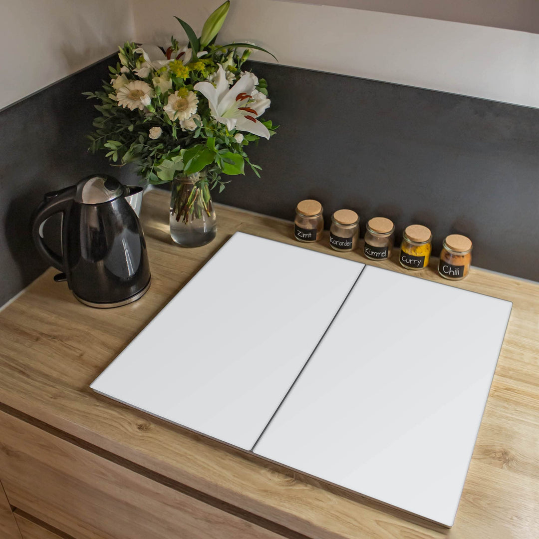 banjado® Herdabdeckplatte Glas 2-teilig je 30x52 cm/Schneidebrett Herdabdeckung mit Motiv weiss/Herd