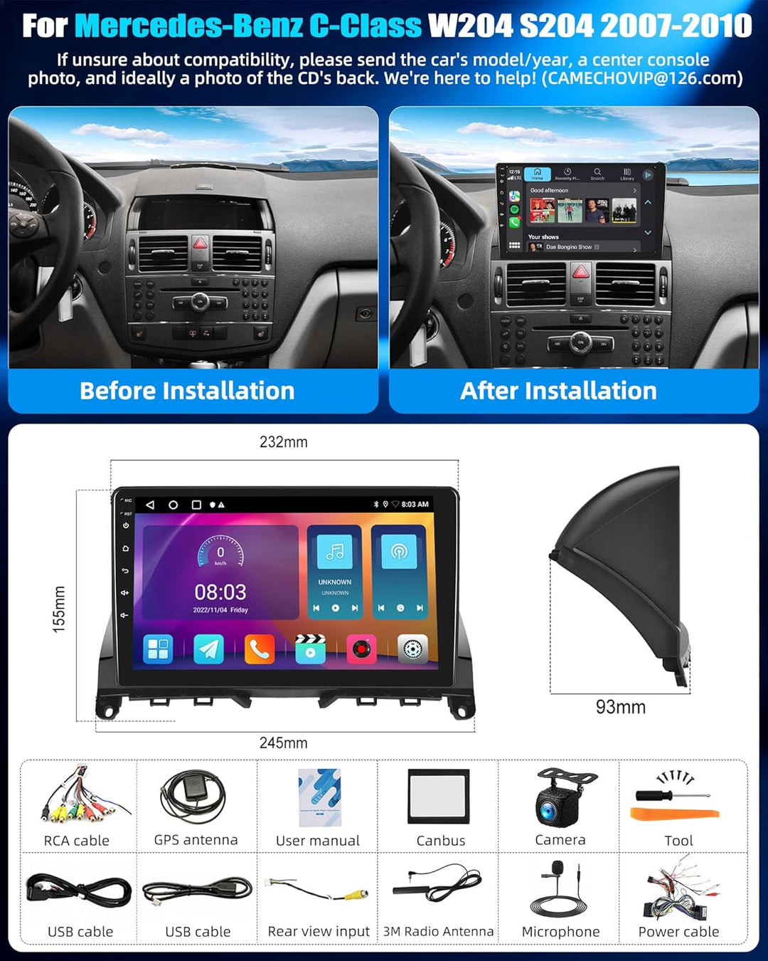 CAMECHO 2G+64G Android 15 Autoradio für Mercedes-Benz C-Class W204 S204 2007-2010 mit Navi Wireless