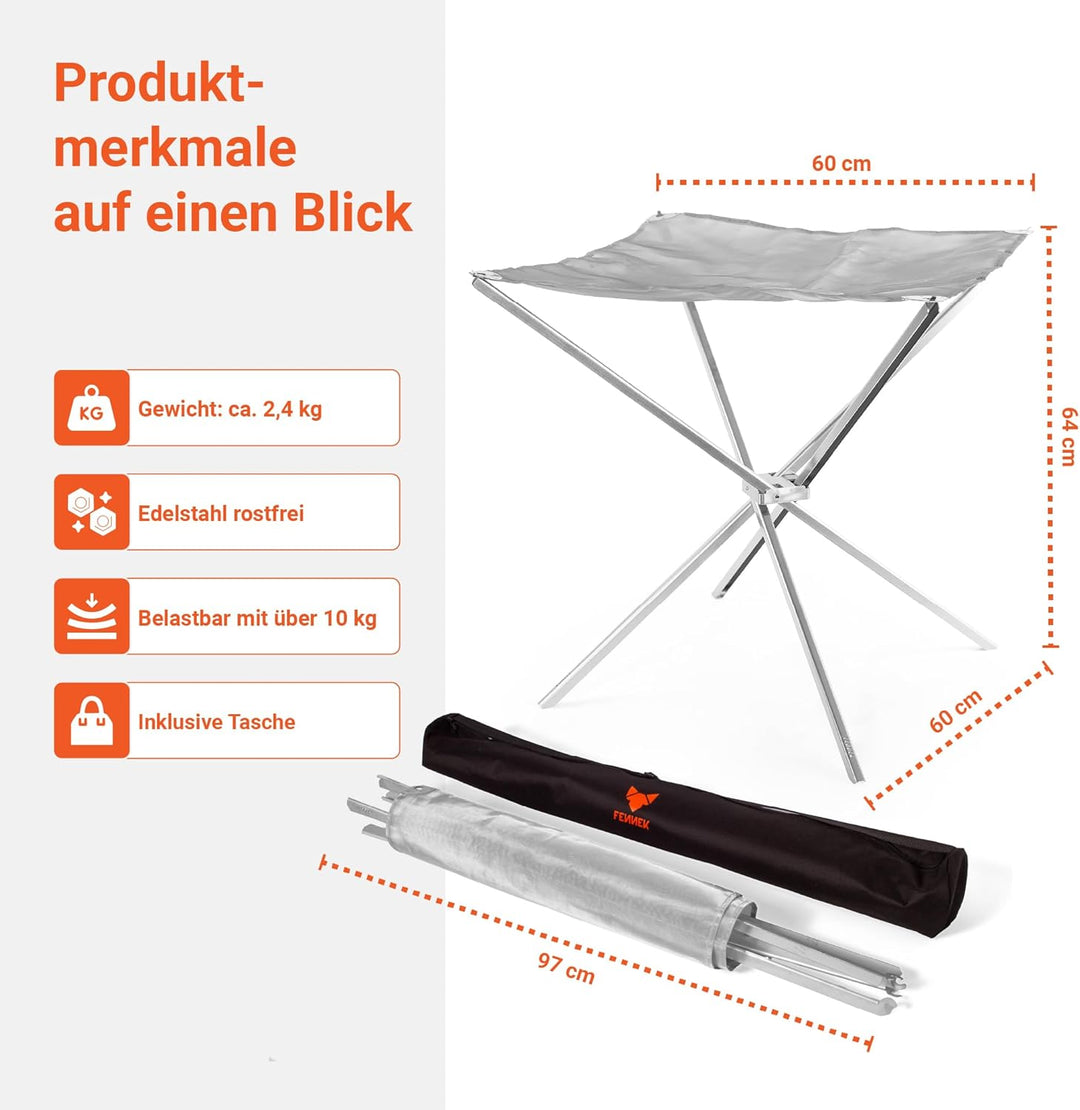 FENNEK HIGHFIRE | Hochwertiges, transportables XL Feuernetz aus Edelstahl | 60 x 60 x 63 cm | Mit Ta
