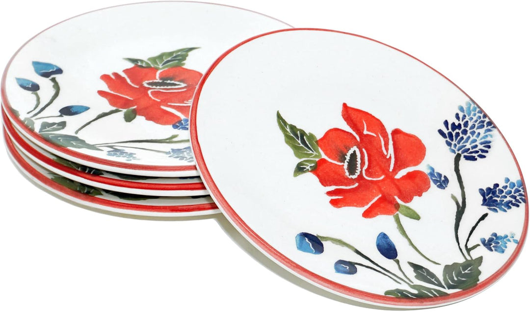 Lashuma Frühstücksteller 4er Set, flache Kuchenteller bunt Mohnblume, Keramikteller rund 15 cm Ø 15