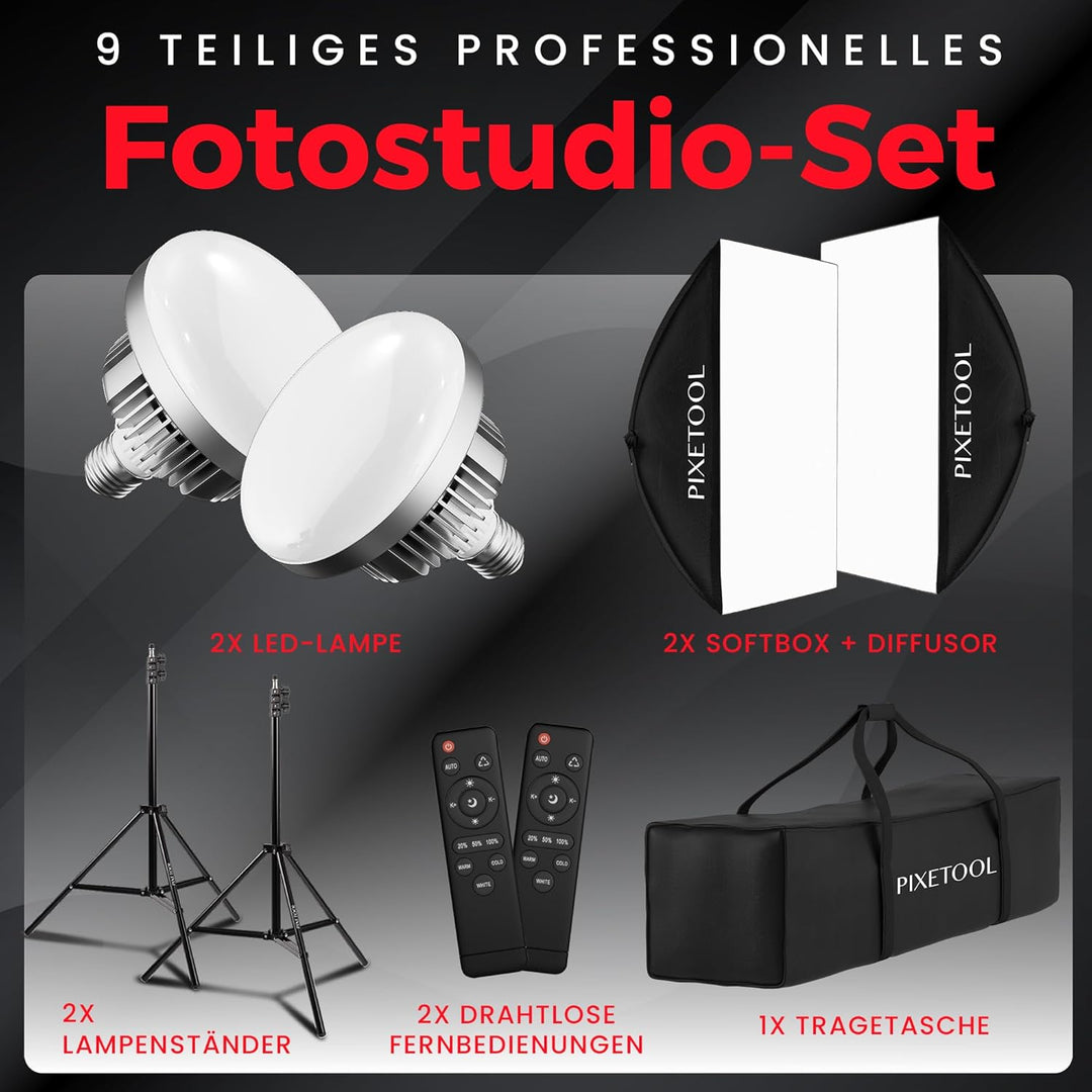 Fotostudio Set – 2 Softbox Licht, 2 Durchlichtschirm, 2 LED Lampen 4800 Lumen 3000-6000K – 50x70 cm
