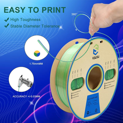 YOUSU Dreifarbiges PLA Filament,3D Drucker Filament 1,75mm(﹢/-0,03mm), Seiden Blau/Grün/Gold Dreifar