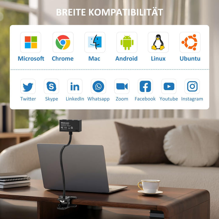 Webcam 1080P mit Mikrofon und Sichtschutzklappe – USB Webcam für PC, Laptop & Zoom, Augenkontakt-Kam