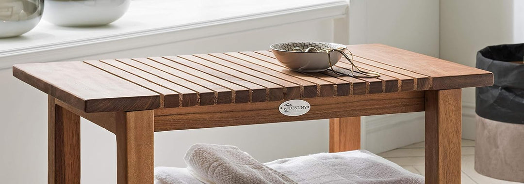 Destiny SPA & Living Badezimmer Hocker/Tisch Regal geriffelt Teakholz mit Boden 61 x 35 x 44 cm