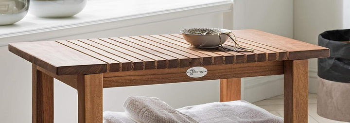Destiny SPA & Living Badezimmer Hocker/Tisch Regal geriffelt Teakholz mit Boden 61 x 35 x 44 cm