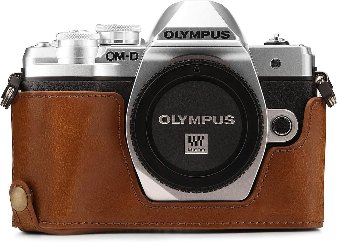 MegaGear Ever Ready Leder Kamera Halbtasche mit Trageriemen kompatibel mit Olympus OM-D E-M10 Mark I
