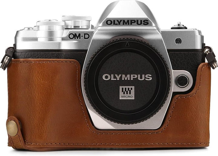 MegaGear Ever Ready Leder Kamera Halbtasche mit Trageriemen kompatibel mit Olympus OM-D E-M10 Mark I
