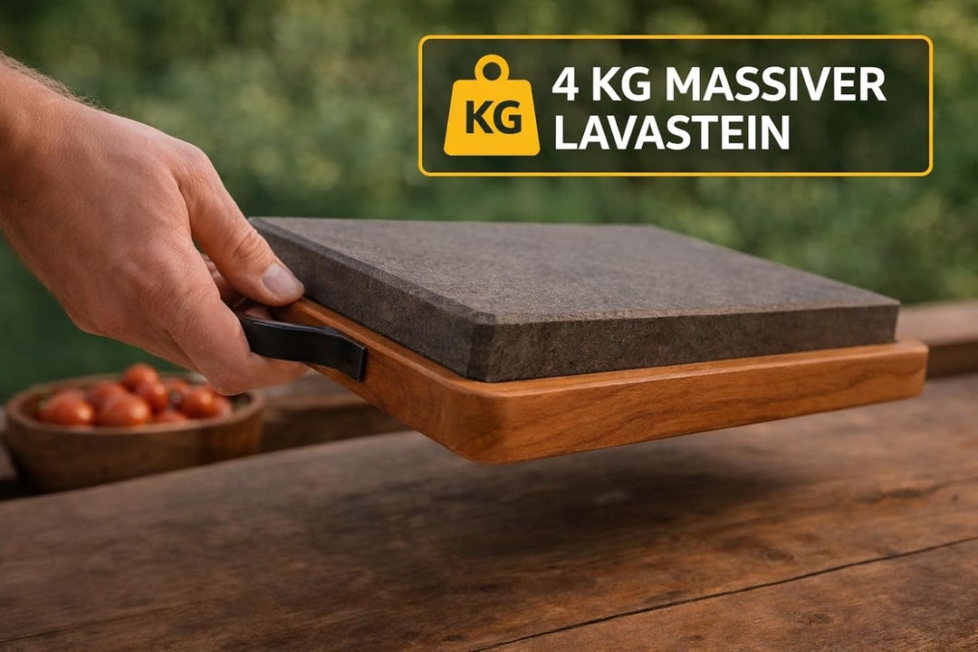 Lavastein Grillplatte mit Holztablett 27x18 cm – Heisser Stein für Steak & Fleisch – BBQ Servierplat