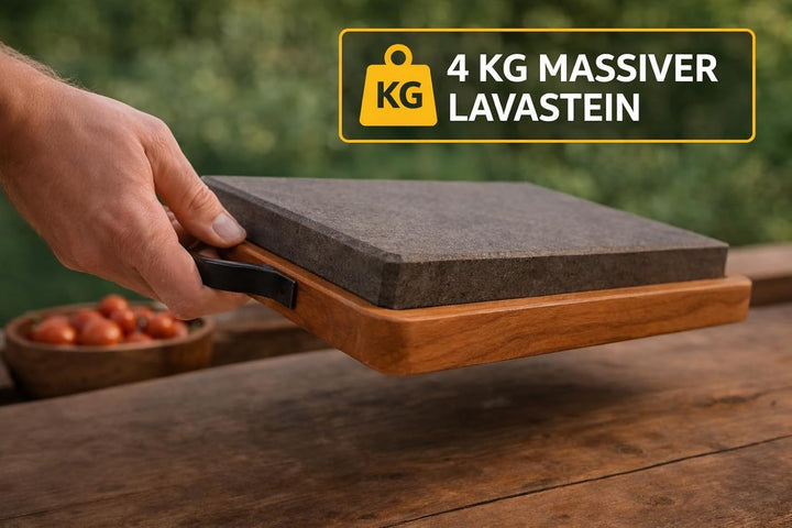 Lavastein Grillplatte mit Holztablett 27x18 cm – Heisser Stein für Steak & Fleisch – BBQ Servierplat