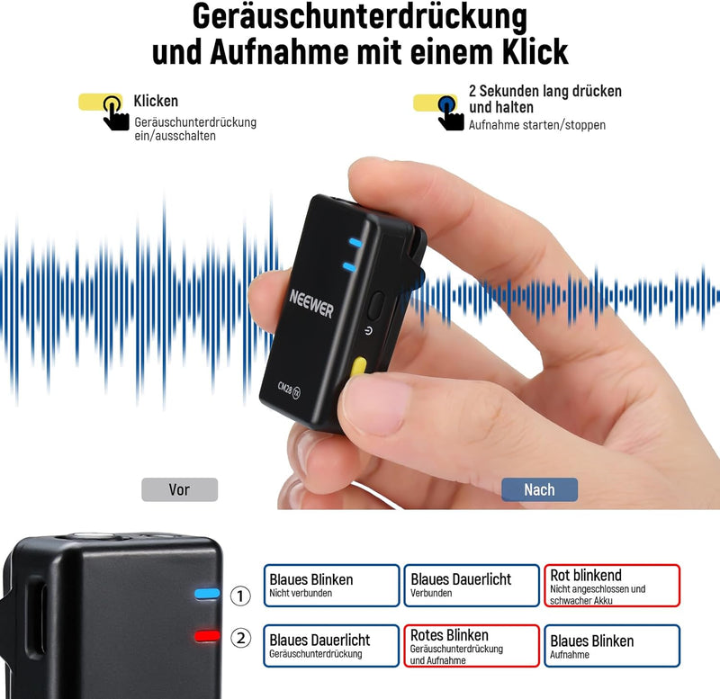 NEEWER CM28 Kabelloses Lavalier Mikrofonsystem mit Ladeetui, Geräuschunterdrückung, 4GB Speicher für