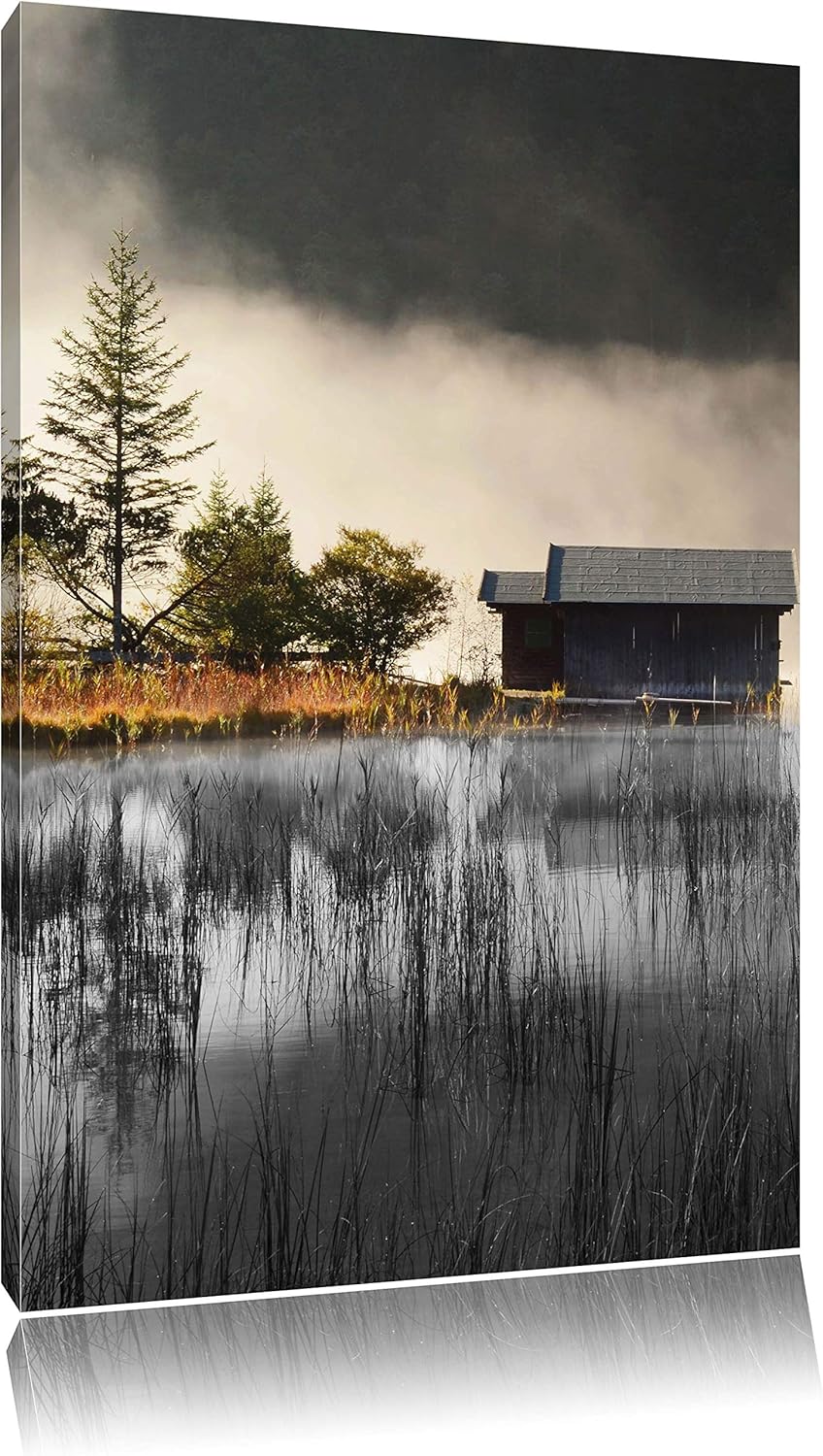 Pixxprint Häuschen am See mit Nebel / 100x70cm Leinwandbild bespannt auf Holzrahmen/Wandbild Kunstdr