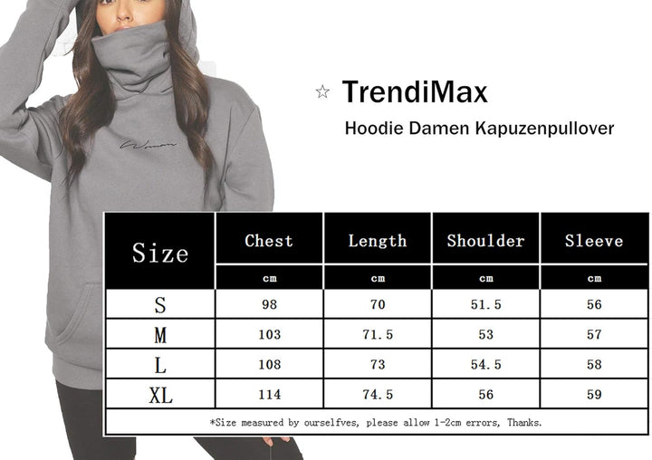 TrendiMax Damen Hoodie Kapuzenpullover Langarm Sweatshirt Winter Pullover Hochkragen Sweatjacke Kapu