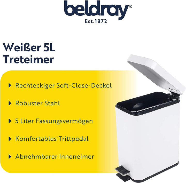 Beldray LA041173WHT Treteimer für Badezimmer – Abfalleimer mit rechteckigem Soft-Close-Deckel, Küche