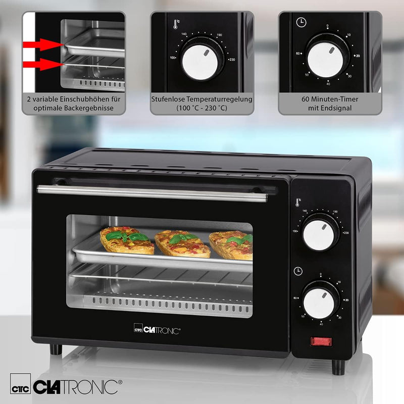 Clatronic MB 3746 Minibackofen, 8 Liter Backraum, Ober- und Unterhitze, 60 Minuten-Timer mit Endsign