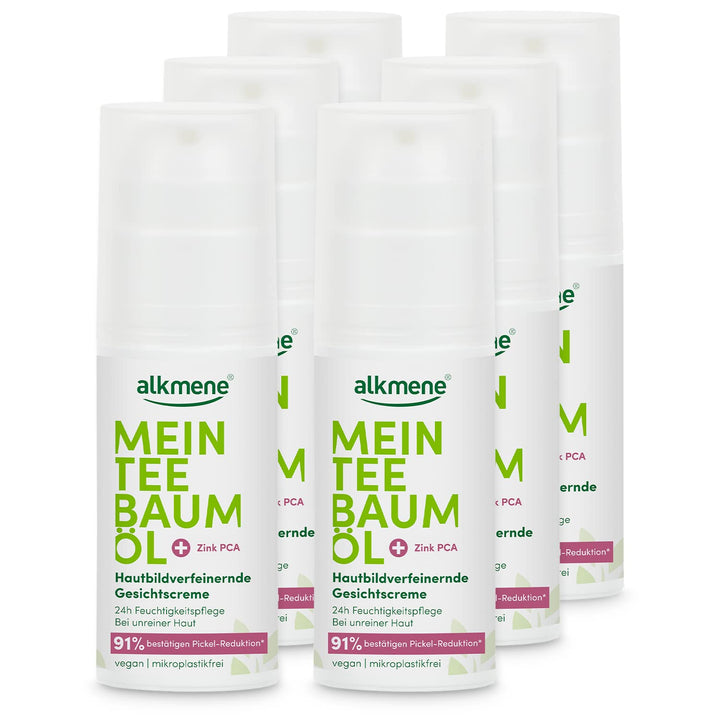 alkmene Mein Teebaumöl Gesichtscreme 6x 50 ml Pickel Reduktion 91% bestätigt - Naturreines Teebaumöl