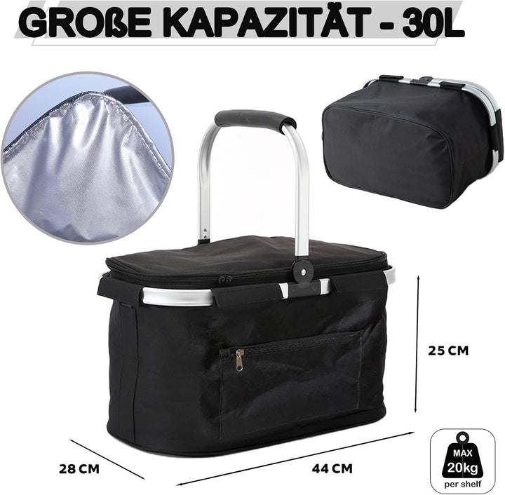 30L Isolierter Einkaufskorb, Hochwertige Faltbare Einkaufstasche mit gepolsterten Griffen, Aluminium