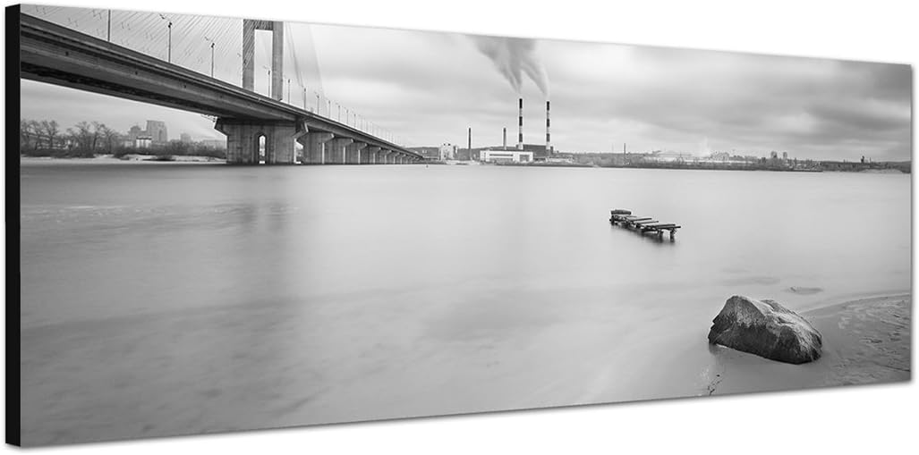 Paul Sinus Art Panoramabild auf Leinwand und Keilrahmen 150x50cm Kiew Brücke Wasser Wolken schwarz/w