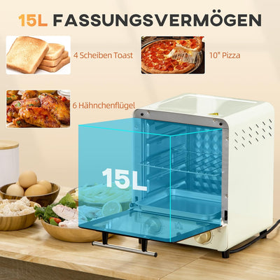 HOMCOM Minibackofen 15L, Pizza-Ofen mit Umluft, 1000 W Elektrischer Mini Ofen inkl. Backblech Set, K