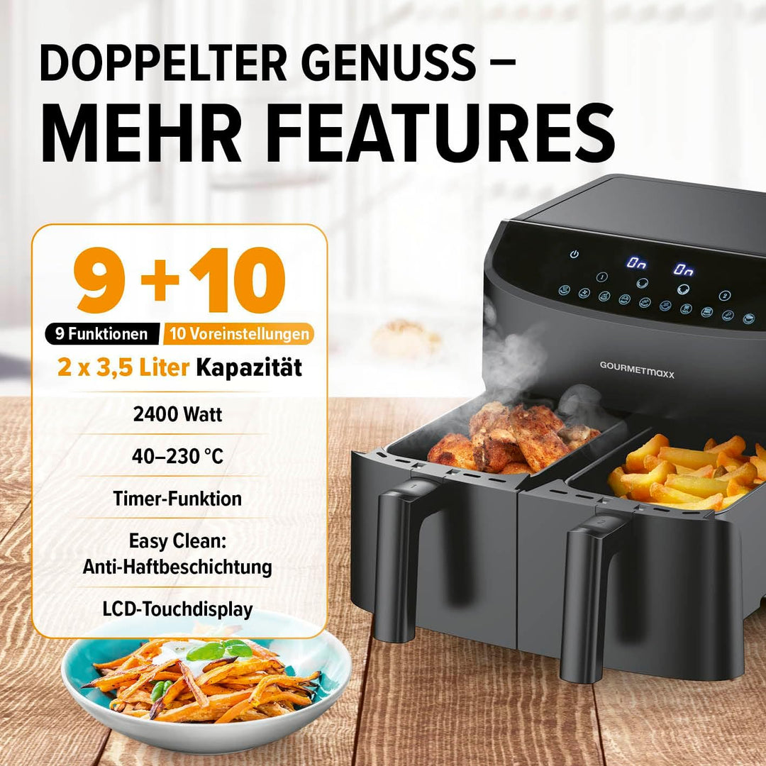 GOURMETmaxx Doppelkammer-Heissluftfritteuse 2x 3,5L - Schwarz | Airfryer + synchronisierte Garzonen,