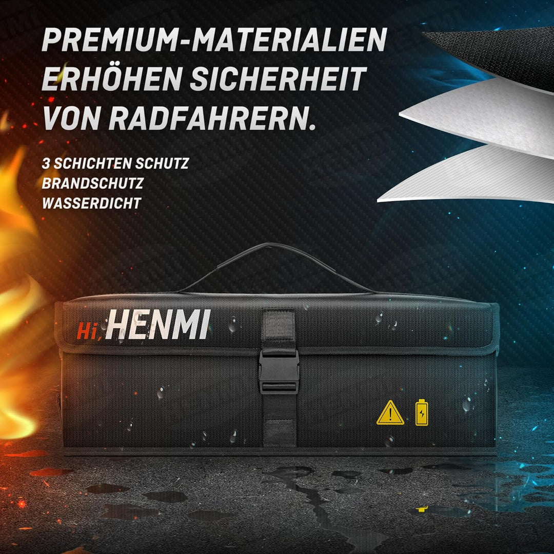 HENMI Ebike Akku Tasche, Feuerfeste akku Tasche bis 1000 °C, Akkutasche ebike Fahrrad Feuerfest Wass
