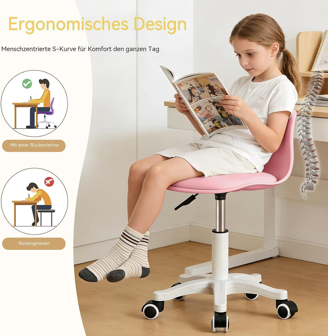 Kleiner Schreibtischstuhl ohne Armlehnen, höhenverstellbarer Home-Office-Stuhl für Jugendliche Pink-