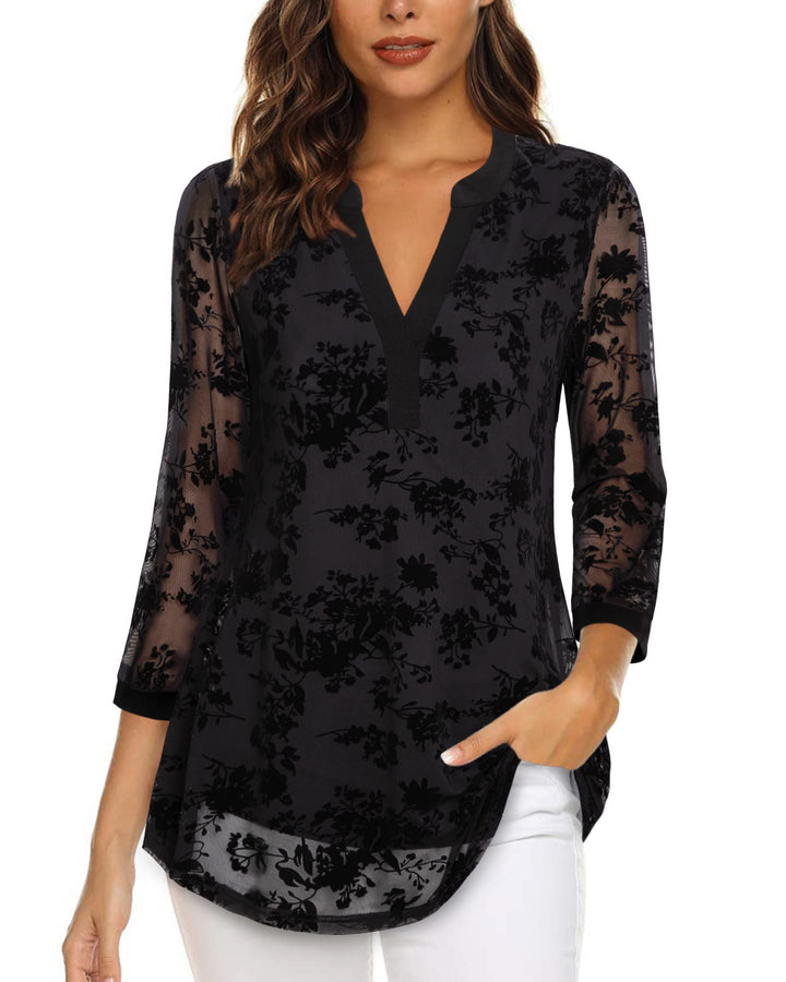 Vafoly Damen 3/4 Ärmel Oberteil Henley V-Ausschnitt Hemden doppellagig Mesh Bluse Tuniken M Beflockt