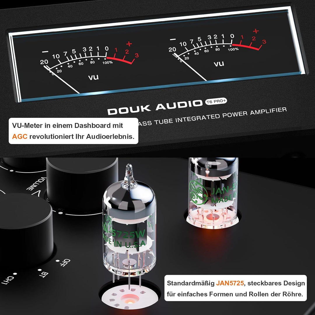 Douk Audio T6 PRO Bluetooth Röhrenverstärker: 300W x2 TPA3255 2-Kanal Stereo Verstärker – Dual-VU-Me