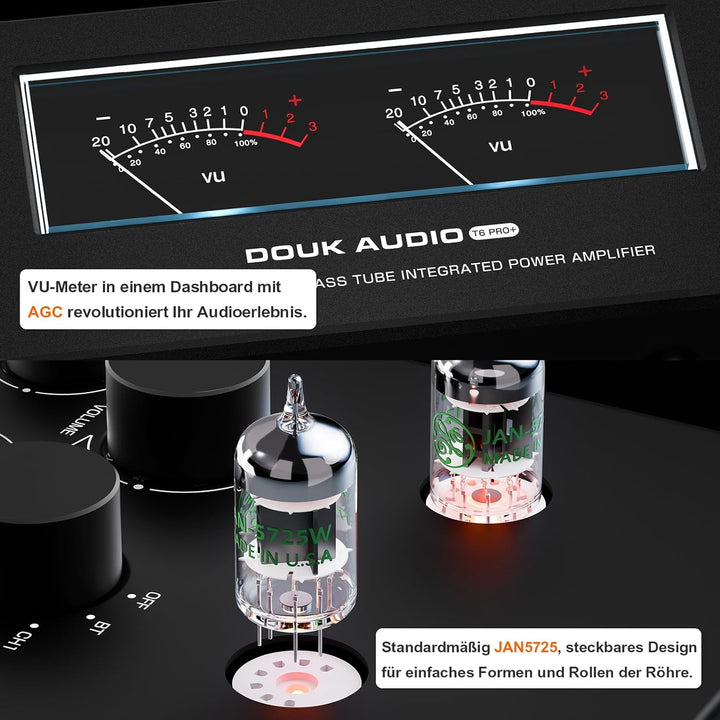 Douk Audio T6 PRO Bluetooth Röhrenverstärker: 300W x2 TPA3255 2-Kanal Stereo Verstärker – Dual-VU-Me