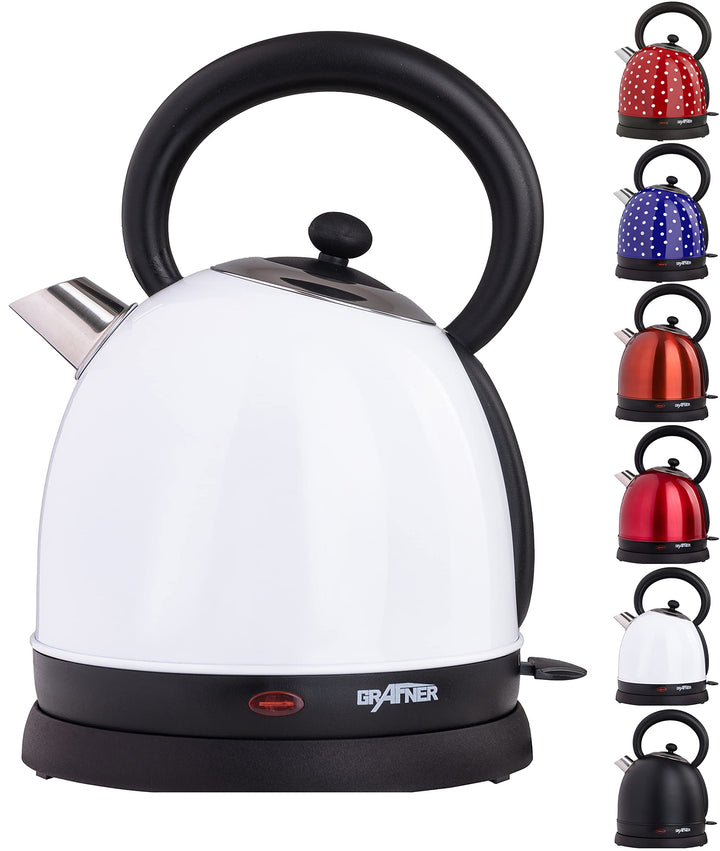Grafner Retro Wasserkocher 2200 Watt, 1,8 Liter, Edelstahl-Korpus, Wunschfarbe, entnehmbarer Kalkfil