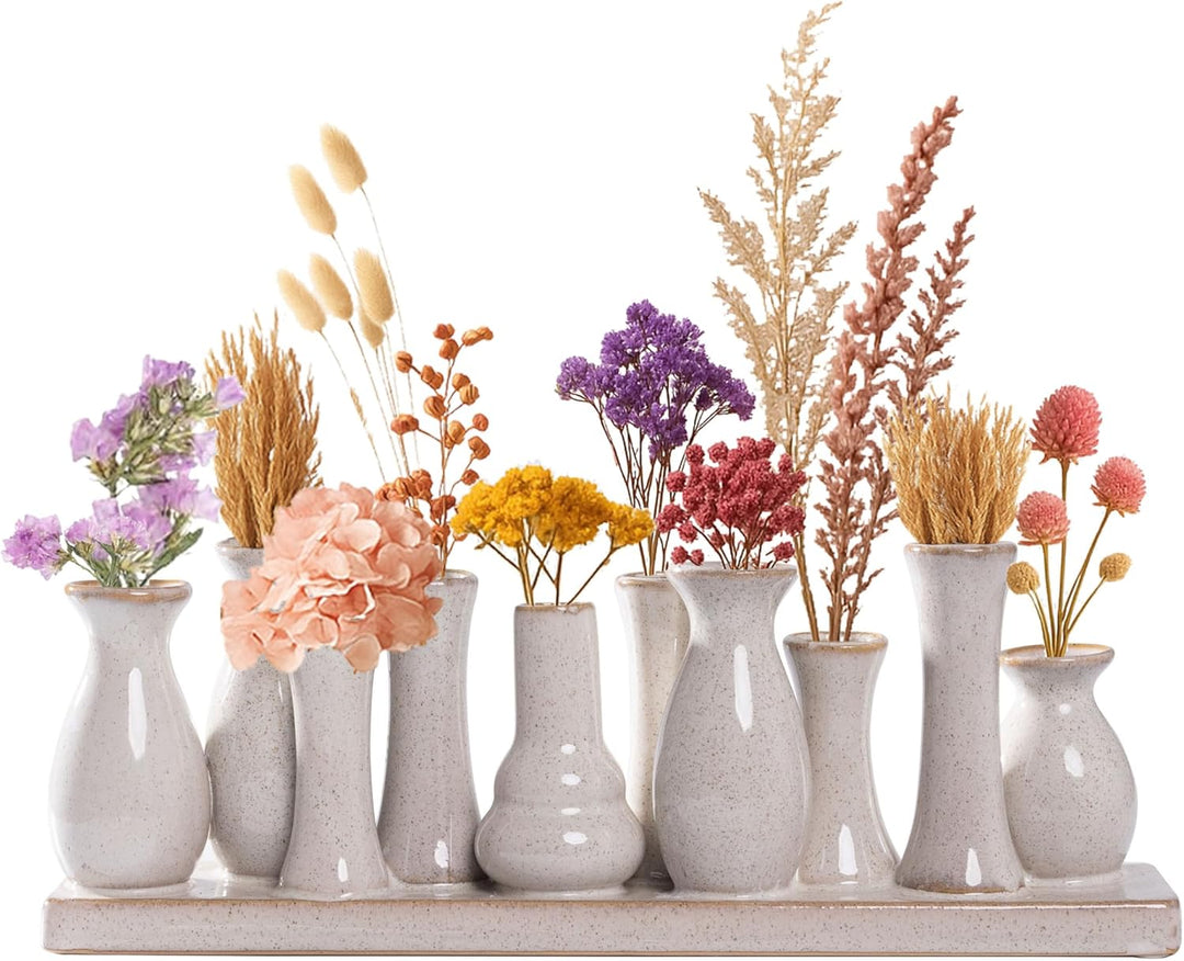 Jinfa Keramikvasen Set – 10 kleine Vasen auf Sockel – Antik-Weiss – Handgefertigte Mini Vasen – Boho
