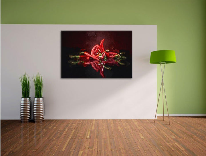 Pixxprint Feurige rote Chili-Choten Kunst Pinsel Effekt, Format: 100x70 auf Leinwand, 100x70