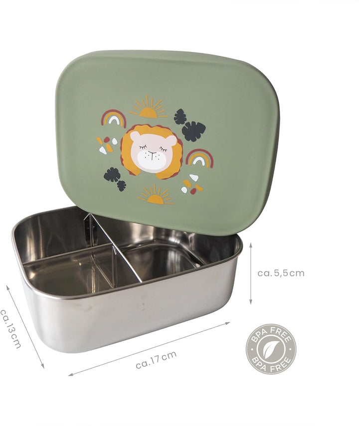 kikadu Brotdose Löwe Olive - Kindergeschirr, BPA-frei, 18/8 Edelstahl, mit niedlichen Aufdrucken, Ma
