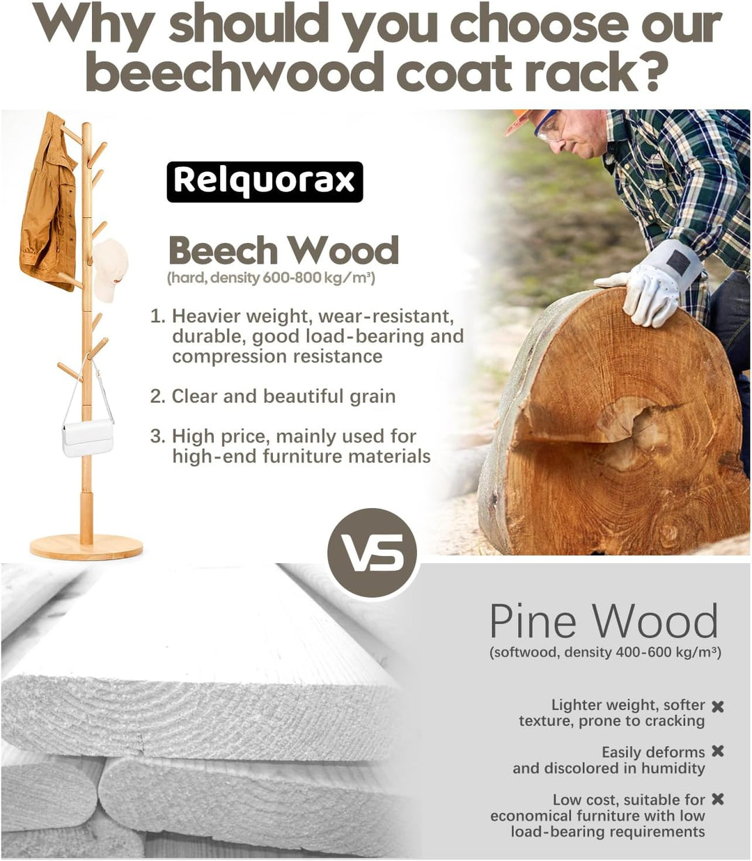 Garderobenständer, Kleiderständer aus Buchenholz Massivholz in Baumform für Kleidung, 9 Haken, 185 x