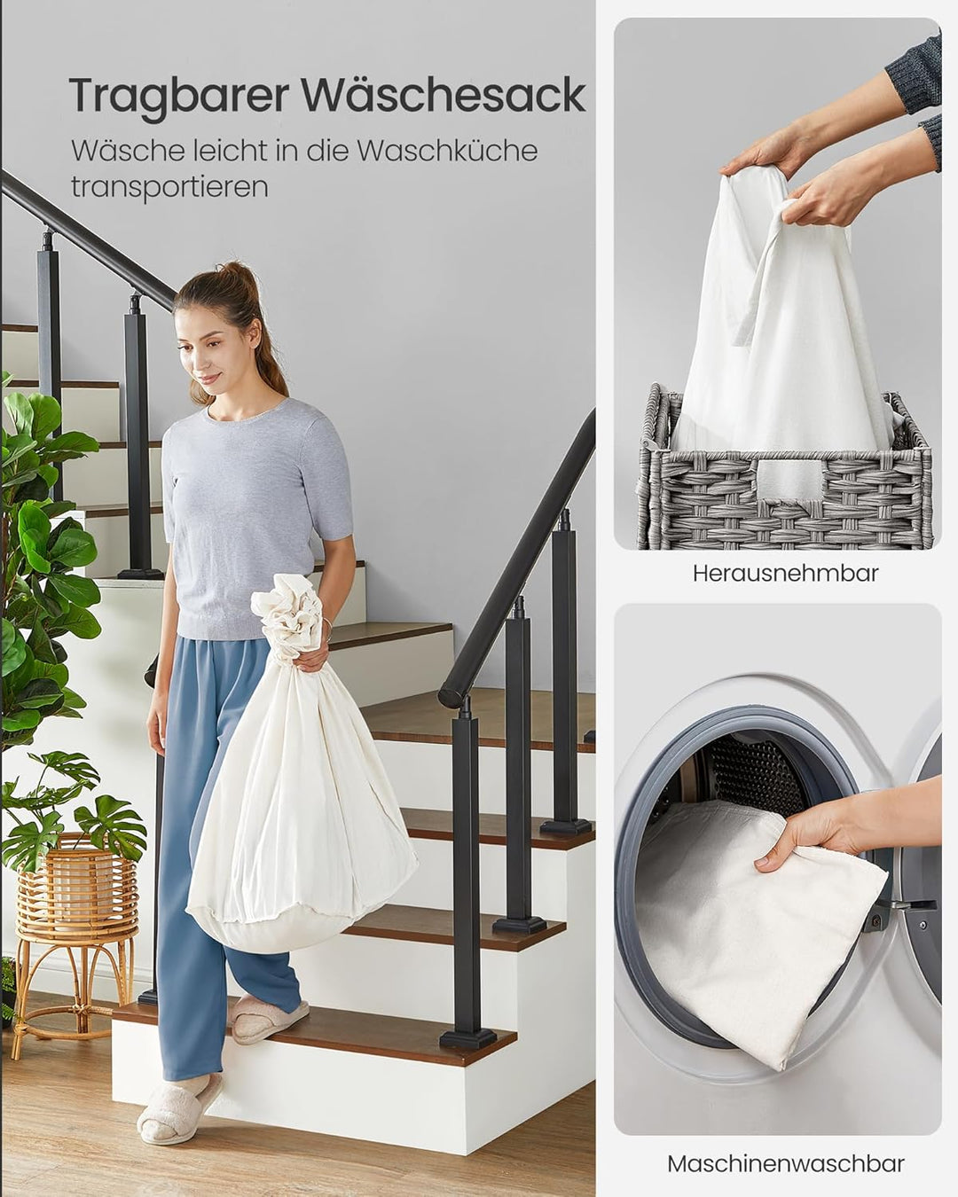 SONGMICS Wäschekorb mit Deckel, 160 L, Wäschesammler 3 Fächer, Wäschesortierer mit Rollen, in Rattan