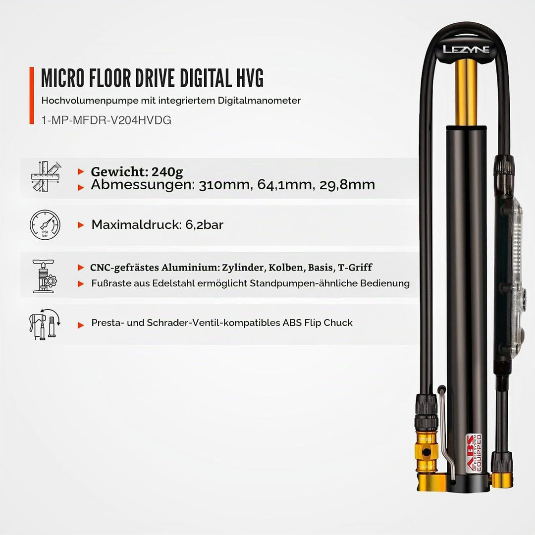 Lezyne Kompakt-Standpumpe Micro Floor Drive DIGITAL HVG Schwarz, Schwarz