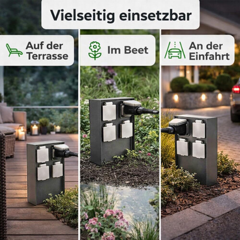 LED Universum Gartensteckdose aus Edelstahl, IP44 für aussen, 23cm (Anthrazit 4-fach), Anthrazit 4-f