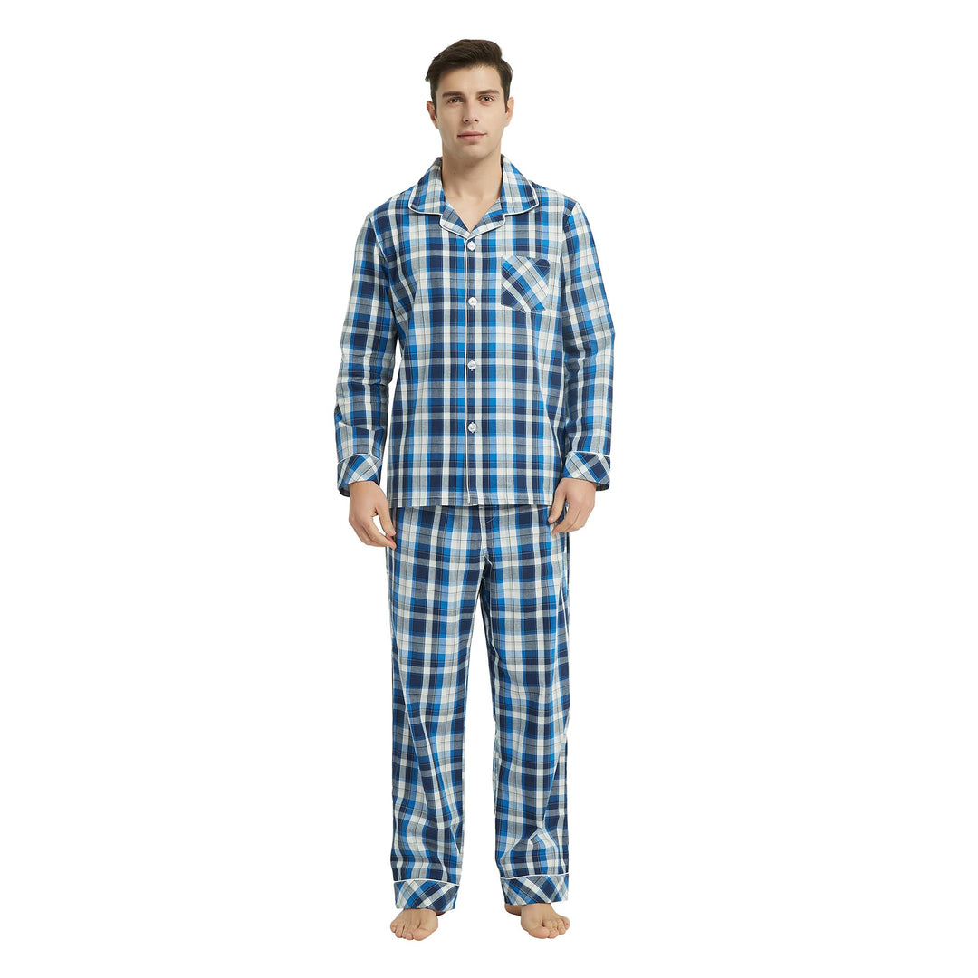 Vulcanodon Pyjama Herren 100% Baumwolle Schlafanzug lang Set kariert mit Knopfleiste weiche Nachtwäs