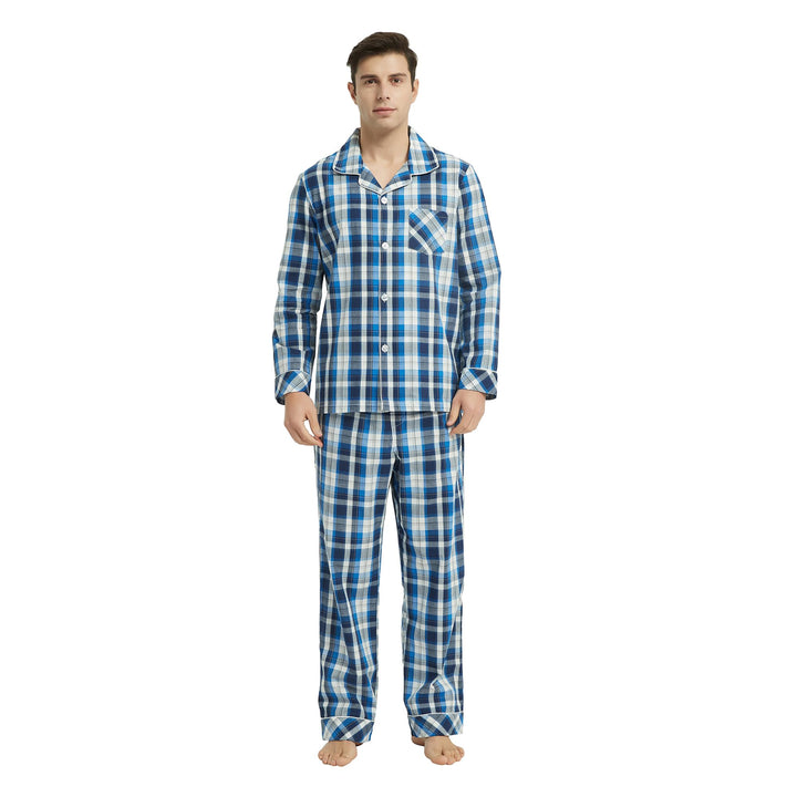 Vulcanodon Pyjama Herren 100% Baumwolle Schlafanzug lang Set kariert mit Knopfleiste weiche Nachtwäs